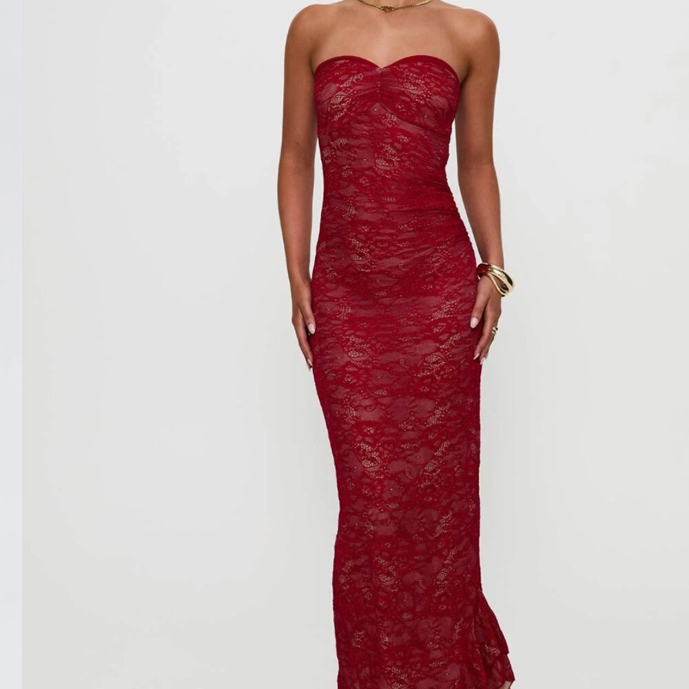 Princess Polly Hailees Lace Strapless Maxi Dress Red